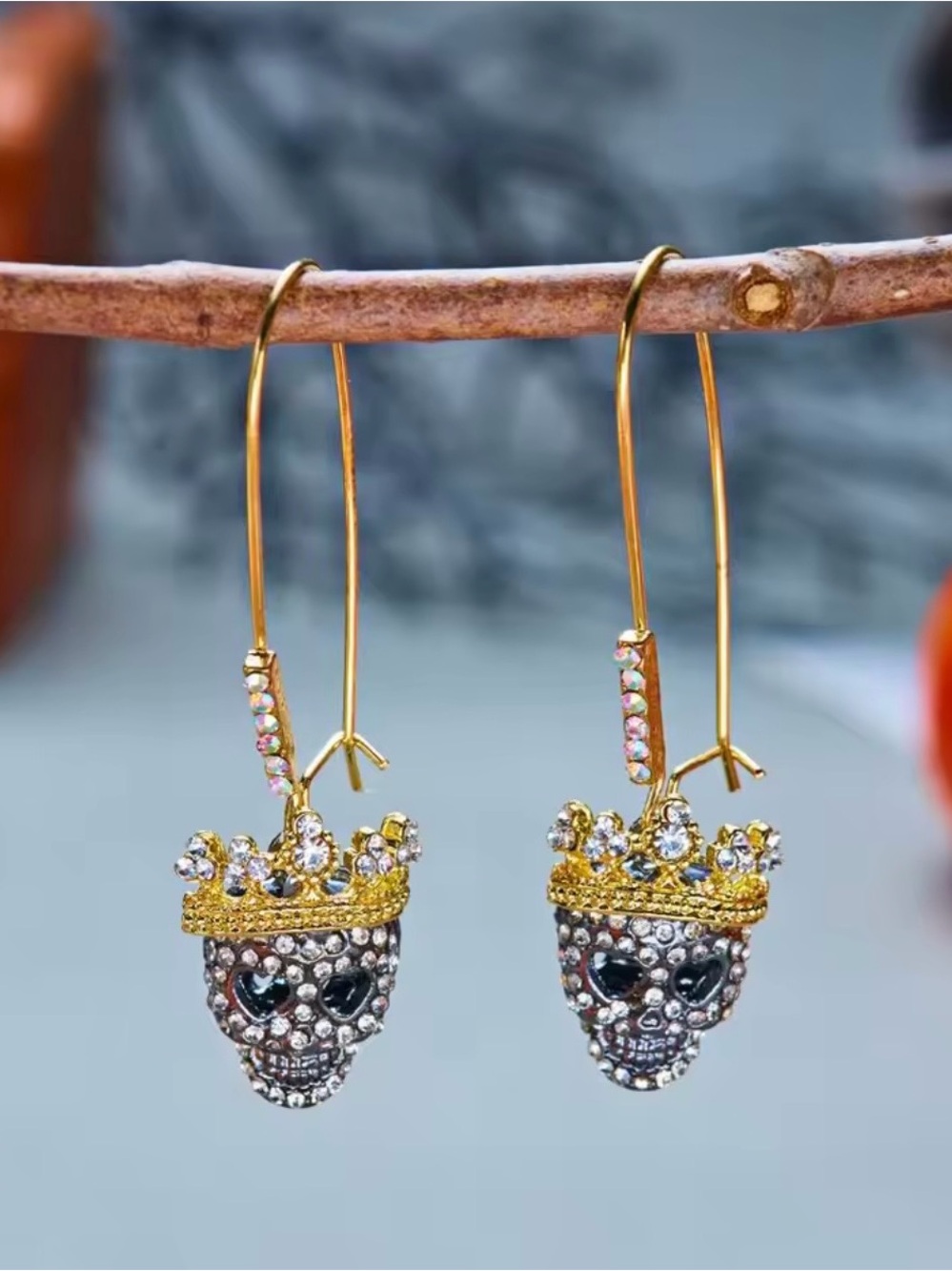 eye candy Silver Crystal & gold Heart Skeleton Halloween Drop Earrings no box!